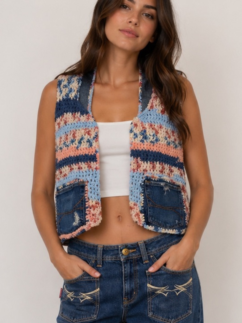 Denim Crochet Boho distressed vest Denim pockets Pink blue colors Size M/Large